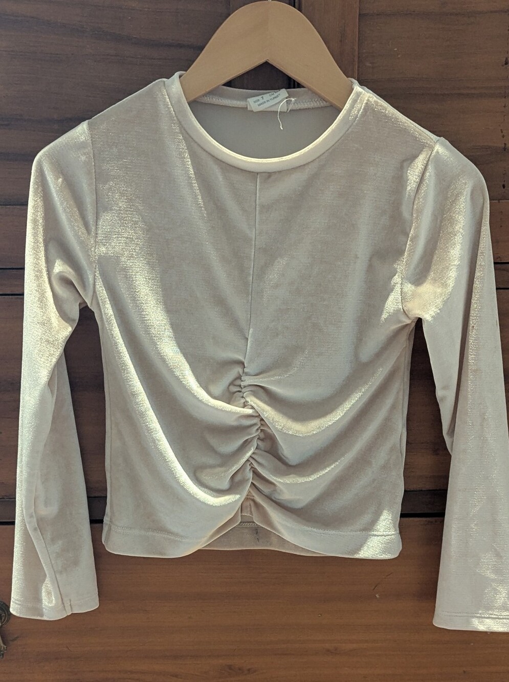 Zara Girls Long-Sleeve Ruched Front Velvet Top, Cream